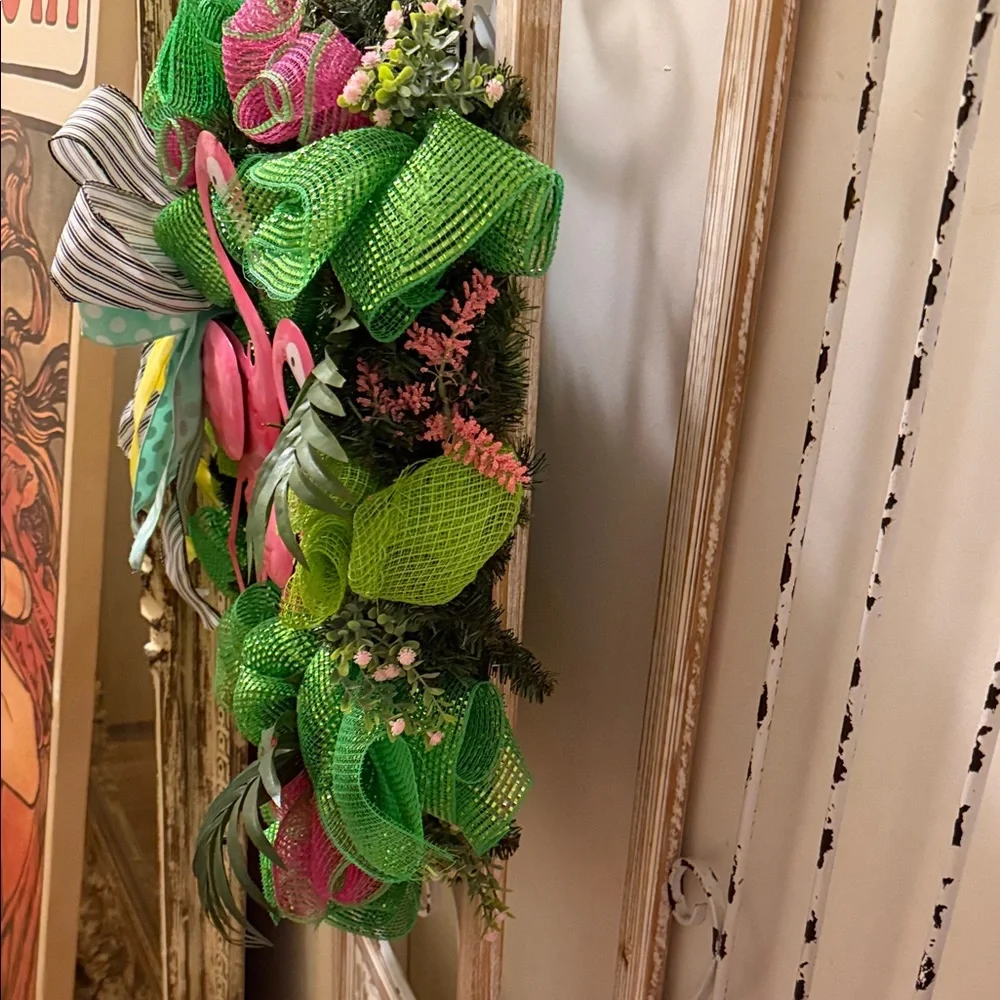 Pink Flamingo Tropical Holiday Wreath - Green & Pink